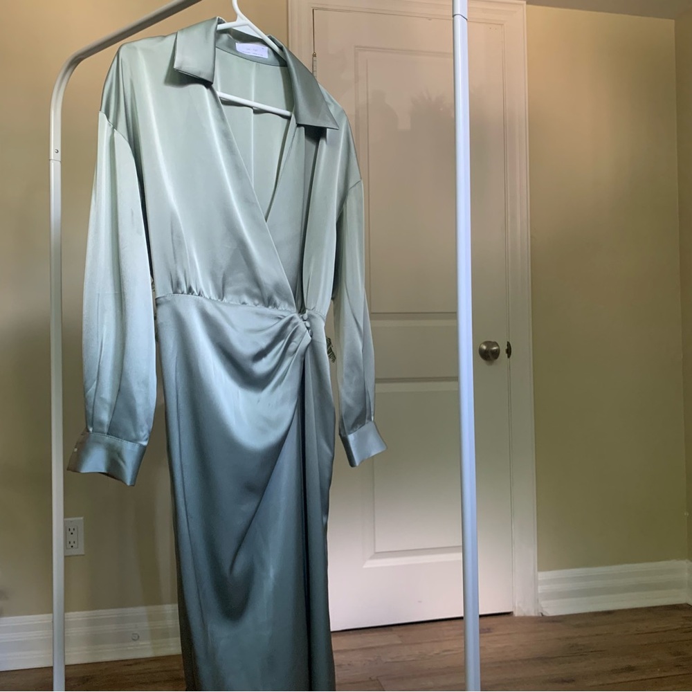 Oak & Fort Sage Green Satin Wrap Dress